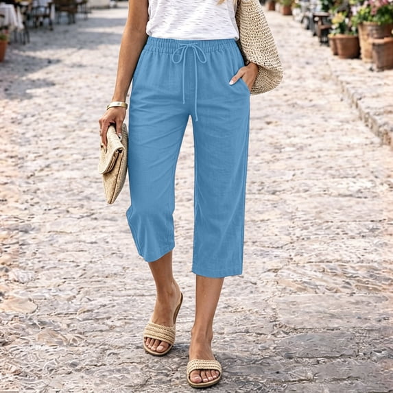 Resicozy Capri Pants for Women 2026 Cotton Linen Casual Summer Straight Leg Loose Drawstring Elastic Cropped Trousers with Pockets Light Blue XL