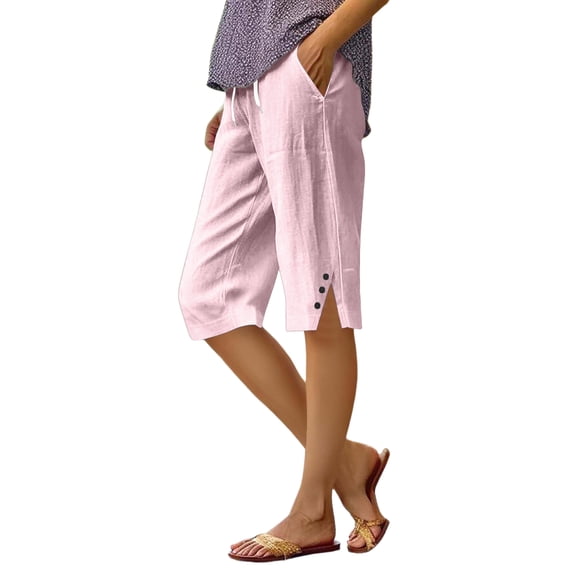 Resicozy Capri Pants for Women 2026 Knee Length Cotton Linen Capris Summer Straight Leg Loose Beach Bermuda Shorts with Pockets Pink L