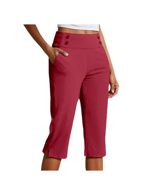 Capri Pants for Women Summer High Waisted Straight Leg Petite Capris Stretch Cropped Trousers with Pockets Red M