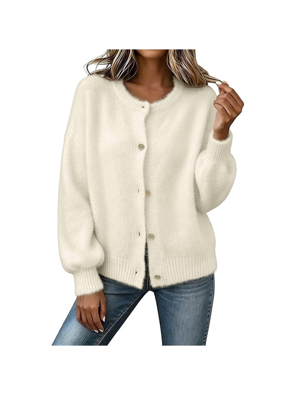 Cardigan Sweaters for Women Lightweight Long Sleeve Button Down Knit Crew Neck Open Front Cuff Shrugs Basic Tops Beige S