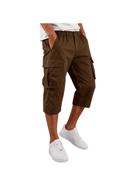 Cargo Capri Pants for Men Athletic Walking Capris with Multi Pockets Comfort Capri Summer Coffee 2XL