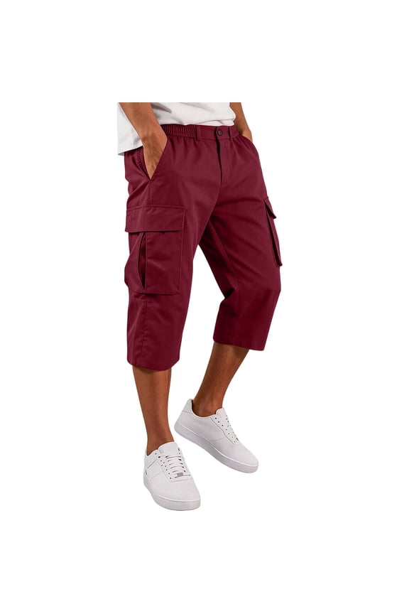 Cargo Capri Pants for Men Athletic Walking Capris with Multi Pockets Comfort Capri Summer Wine M