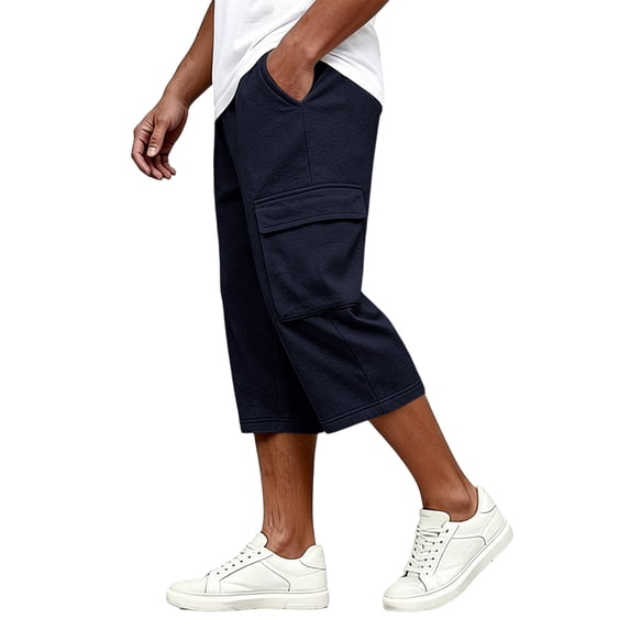 Resicozy Cargo Capri Pants for Men Below Knee Relaxed Fit Capri Cargo Shorts with Multi Pockets Long Tactical Shorts Summer Navy M