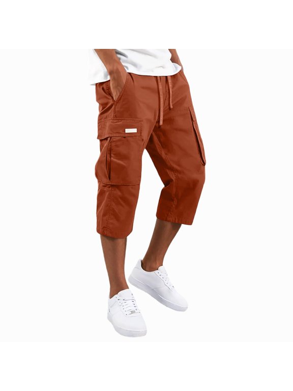 Cargo Capri Pants for Men Below Knee with Pockets Lightweight Summer Baggy Drawstring Classic Capris Coffee S