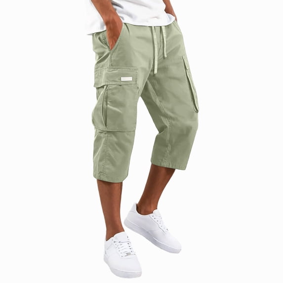 Resicozy Cargo Capri Pants for Men Below Knee with Pockets Lightweight Summer Baggy Drawstring Classic Capris Light Green L