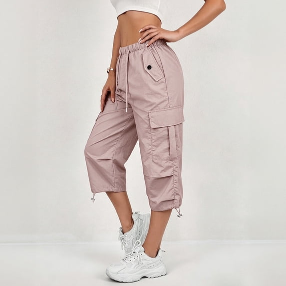 Resicozy Cargo Capri Pants for Women Quick Dry Cargo Capris Summer Outdoor Drawstring Knee Length Hiking Shorts with Pockets Pink L