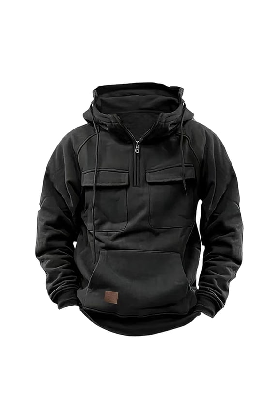 Cargo Hoodies for Men 2026 Tactical Sweatshirt Quarter Zip Cargo Pullover Hoodies Workout Gym Fashion Outdoor Hoodie Black XL
