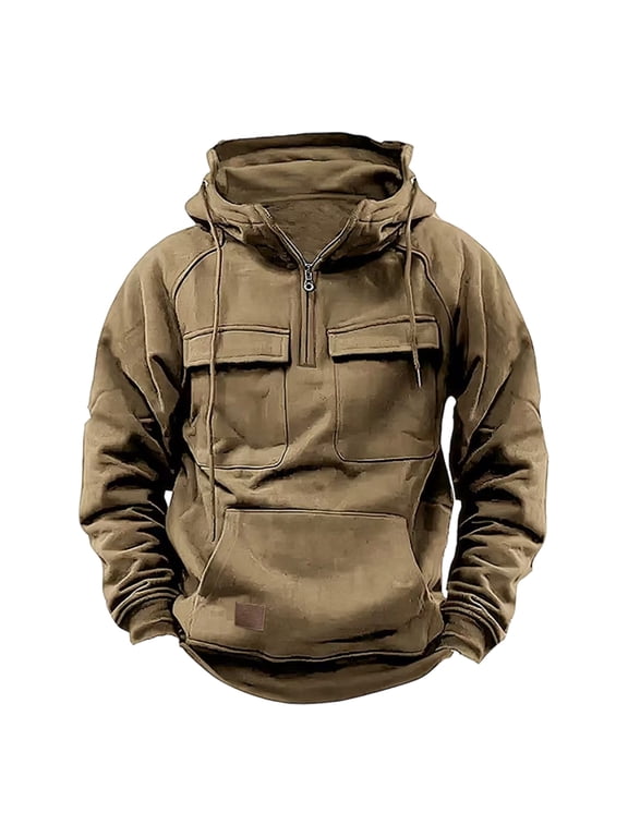 Cargo Hoodies for Men 2026 Tactical Sweatshirt Quarter Zip Cargo Pullover Hoodies Workout Gym Fashion Outdoor Hoodie Khaki L