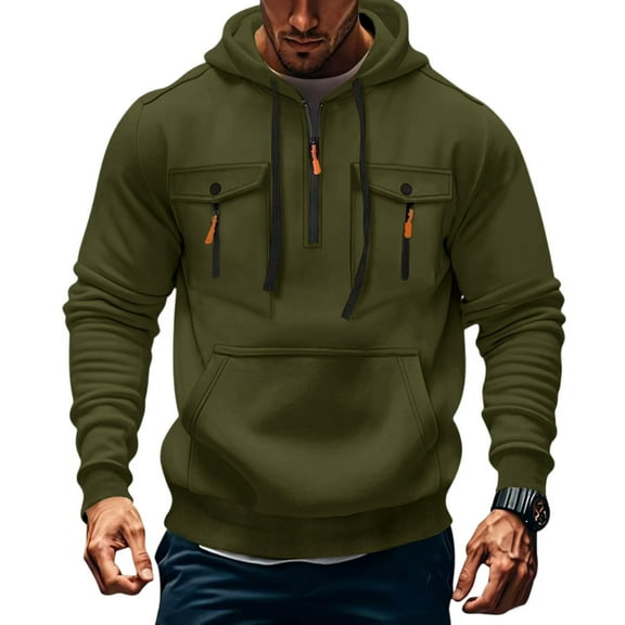 Resicozy Cargo Hoodies for Men Quarter Zip Pullover Sweatshirt Raglan Sleeve Pocket Shirts Tactical Jacket Oversized Comfy Hoodie Army Green L