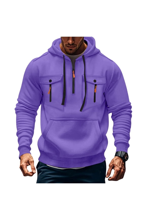 Cargo Hoodies for Men Quarter Zip Pullover Sweatshirt Raglan Sleeve Pocket Shirts Tactical Jacket Oversized Comfy Hoodie Purple 4XL