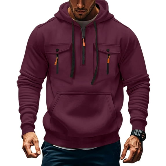 Resicozy Cargo Hoodies for Men Quarter Zip Pullover Sweatshirt Raglan Sleeve Pocket Shirts Tactical Jacket Oversized Comfy Hoodie Wine 4XL