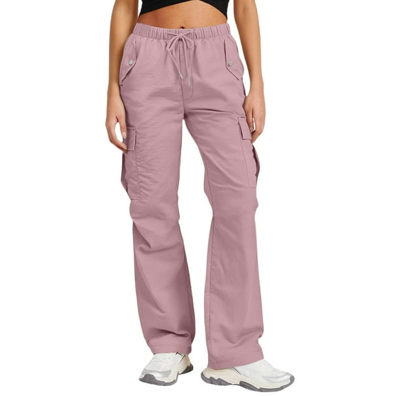 Resicozy Cargo Pants Women Fall Baggy Hiking Pants High Waisted Drawstring Wide Leg Pant with Pockets Pink L
