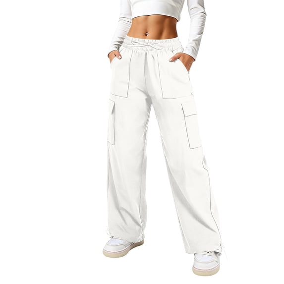 Resicozy Cargo Pants Women High Waisted Parachute Hiking Pants with 4 Pockets Lightweight Baggy Water Resistant Quick Dry White 2XL