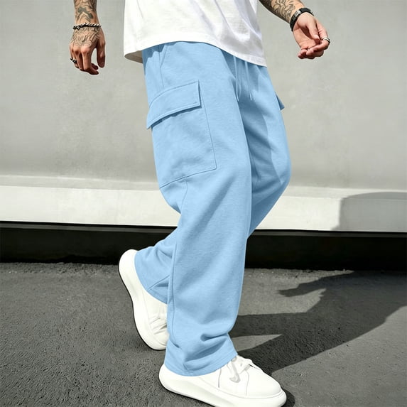 Resicozy Cargo Pants for Men Stretch Sweatpants Elastic Drawstring Casual Workout Joggers Hiking Tactical Pants with Pockets Light Blue 2XL