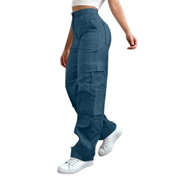 Resicozy Cargo Pants for Women High Waist Baggy Casual Straight Leg Trousers Athletic Outdoor Hiking Pant with Multi-Pockets Cyan 4XL