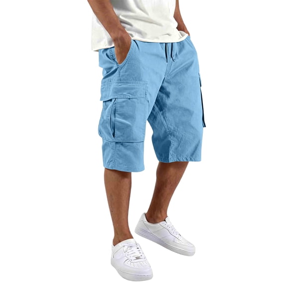 Resicozy Cargo Shorts for Men Big Tall Drawstring Elastic Waist Casual Below Knee Loose Fit Short Pants with Pockets Sky Blue 3XL