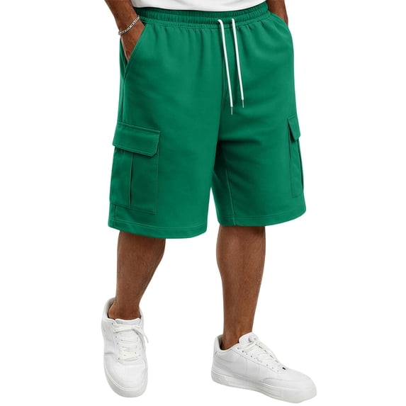 Resicozy Cargo Shorts for Men Cotton Summer Casual Work Shorts Drawstring Elastic Waist Stretch Bottoms with Pockets Dark Green XL
