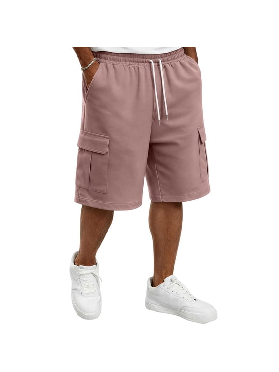 Cargo Shorts for Men Cotton Summer Casual Work Shorts Drawstring Elastic Waist Stretch Bottoms with Pockets Watermelon Red S