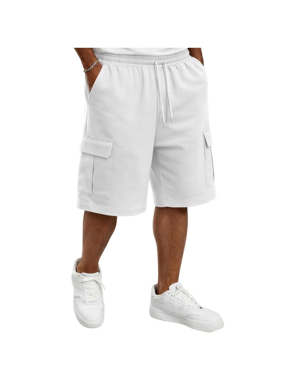 Cargo Shorts for Men Cotton Summer Casual Work Shorts Drawstring Elastic Waist Stretch Bottoms with Pockets White 5XL