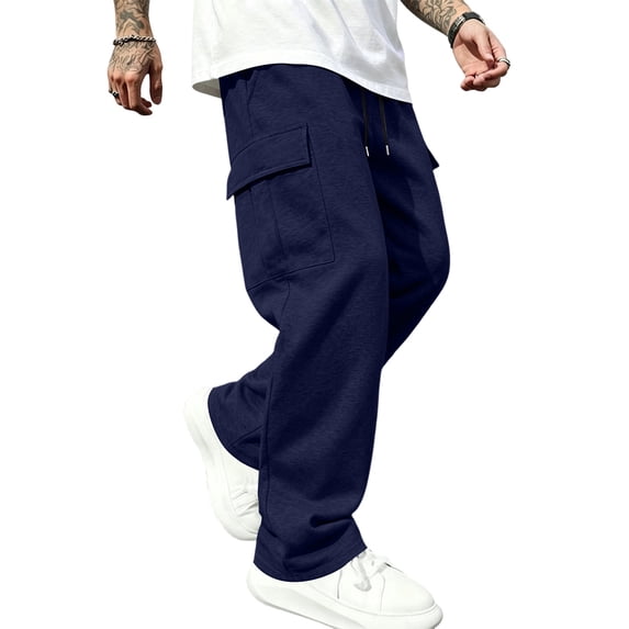 Resicozy Casual Cargo Pants Men Elastic Waist Sweatpants Loose Fit Lightweight Pants with Pockets Outdoor Hiking Athletic Joggers Navy S
