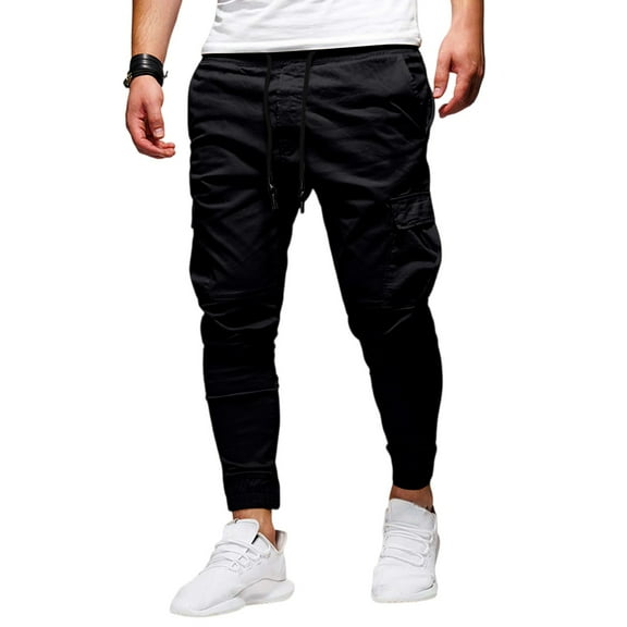 Resicozy Causal Cargo Sweatpants for Men Drawstring Waist Joggers with Pockets Soft Athletic Workout Track Pants Black L