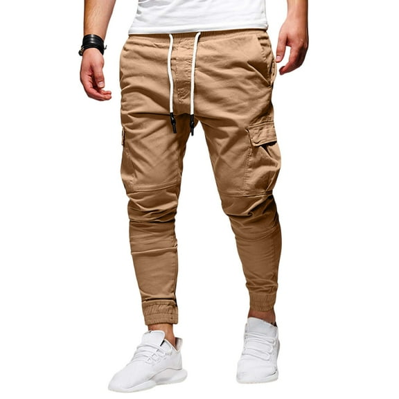 Resicozy Causal Cargo Sweatpants for Men Drawstring Waist Joggers with Pockets Soft Athletic Workout Track Pants Khaki M