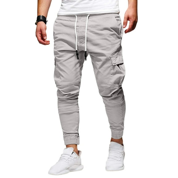 Resicozy Causal Cargo Sweatpants for Men Drawstring Waist Joggers with Pockets Soft Athletic Workout Track Pants Light Gray M