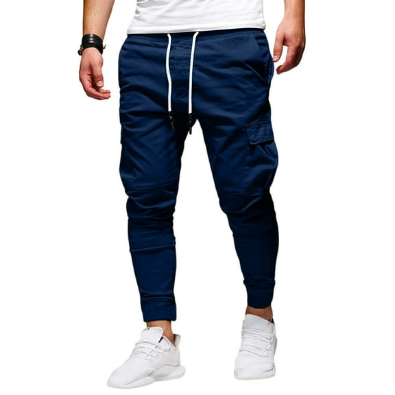 Resicozy Causal Cargo Sweatpants for Men Drawstring Waist Joggers with Pockets Soft Athletic Workout Track Pants Navy L