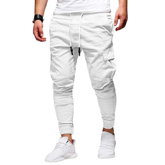 Resicozy Causal Cargo Sweatpants for Men Drawstring Waist Joggers with Pockets Soft Athletic Workout Track Pants White 2XL