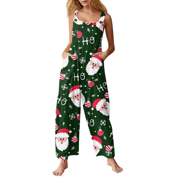 Resicozy Christmas Jumpsuits for Women Xmas Printed Overalls Linen Jumpsuit Fashion Coveralls with Pocket Green M