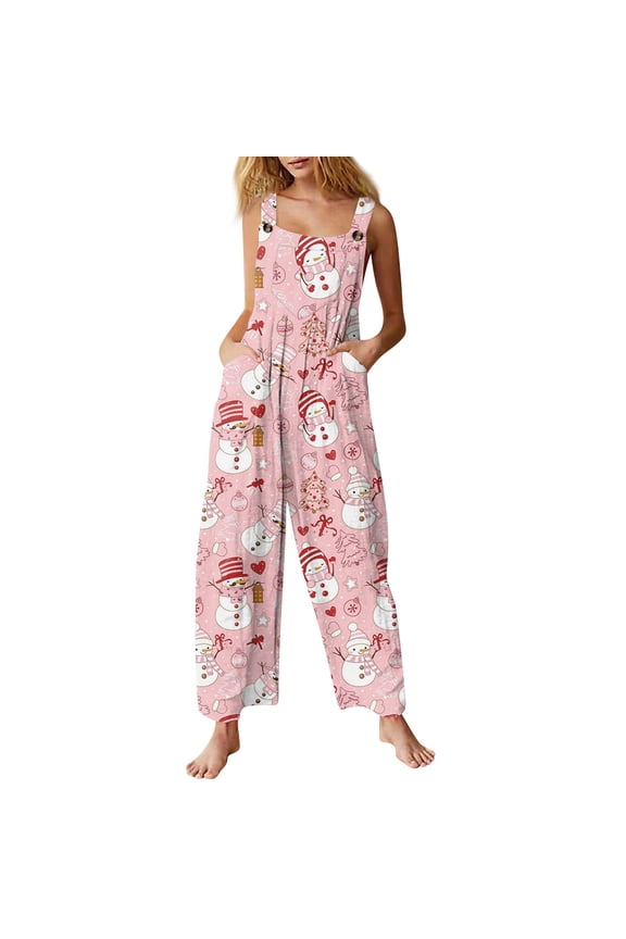 Christmas Jumpsuits for Women Xmas Printed Overalls Linen Jumpsuit Fashion Coveralls with Pocket Pink L