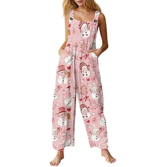 Resicozy Christmas Jumpsuits for Women Xmas Printed Overalls Linen Jumpsuit Fashion Coveralls with Pocket Pink S
