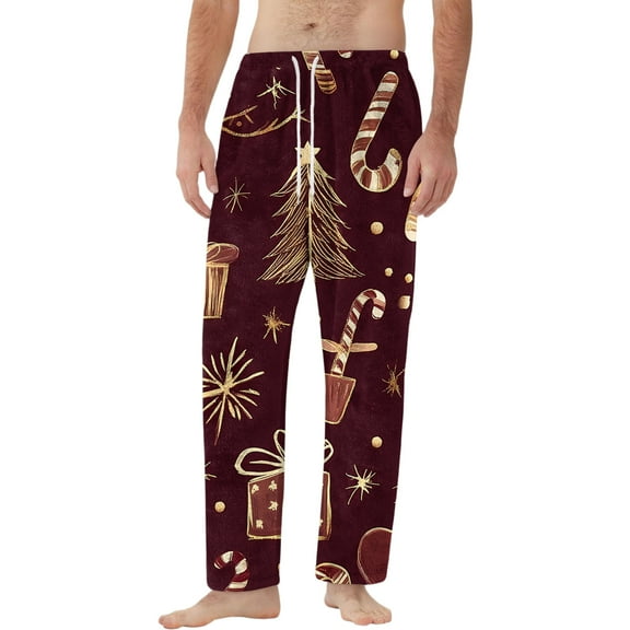 Resicozy Christmas Pajama Pants for Men Flannel Lounge Pants Elastic Waist Loose Soft Xmas Print Bottoms Trousers with Pocket Wine L