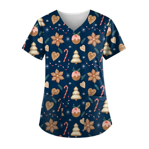 Resicozy Christmas Scrubs Tops for Women Plus Size Short Sleeve V Neck Xmas Tree Snowflake Print Nurse Scrub Uniform with Pockets Blue 1 M