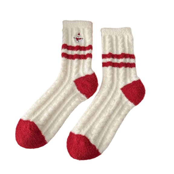 Resicozy Christmas Socks for Women Gifts Cute Plush Red and White Stripes Slipper Sock Indoor Home Xmas Printed Sock Red & White 3 6.5 In