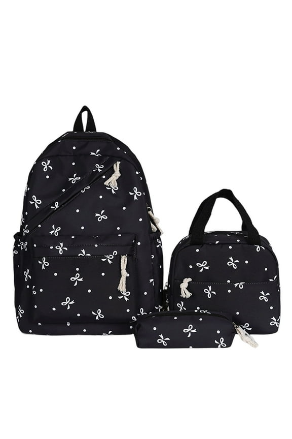 Coquette Bow Backpack Set, 3pcs Cute Backpack Set, Daypack Rucksack with Multi-Pocket and Lunch Box Black