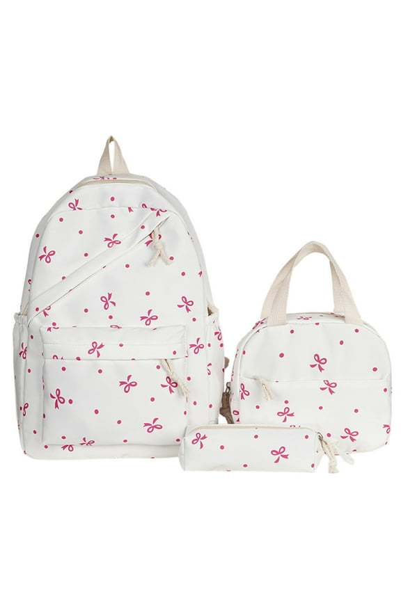 Coquette Bow Backpack Set, 3pcs Cute Backpack Set, Daypack Rucksack with Multi-Pocket and Lunch Box White