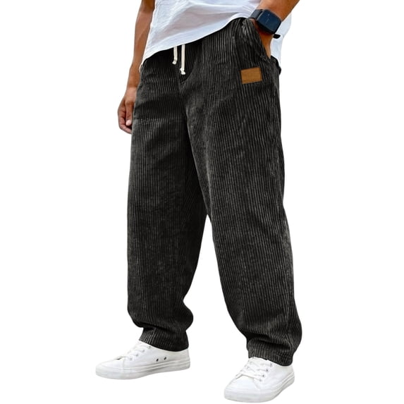 Resicozy Corduroy Casual Pants for Men Fashion Loose Fit Wide Leg Pants Straight Sweatpants with Pockets Elastic Waist Drawstring Black XL