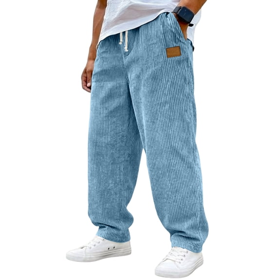 Resicozy Corduroy Casual Pants for Men Fashion Loose Fit Wide Leg Pants Straight Sweatpants with Pockets Elastic Waist Drawstring Blue L