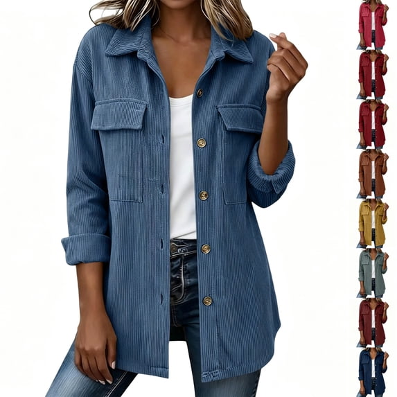 Resicozy Corduroy Jacket Women Lightweight Button Down Fall Casual Jackets Long Sleeve Collared Corduroy Shirt with Pockets Navy XL