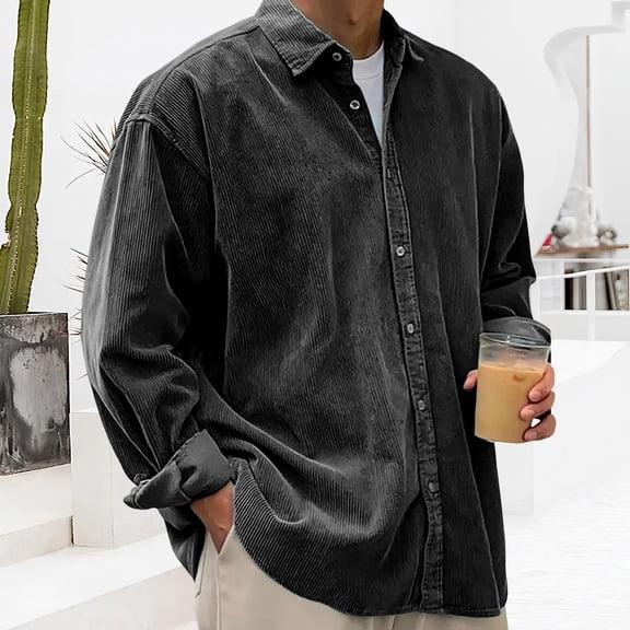 Resicozy Corduroy Shirts for Men 2026 Fashion Long Sleeve Casual Solid Color Button Down Shirt Collar Spring Fall Black M