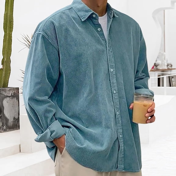 Resicozy Corduroy Shirts for Men 2026 Fashion Long Sleeve Casual Solid Color Button Down Shirt Collar Spring Fall Blue M