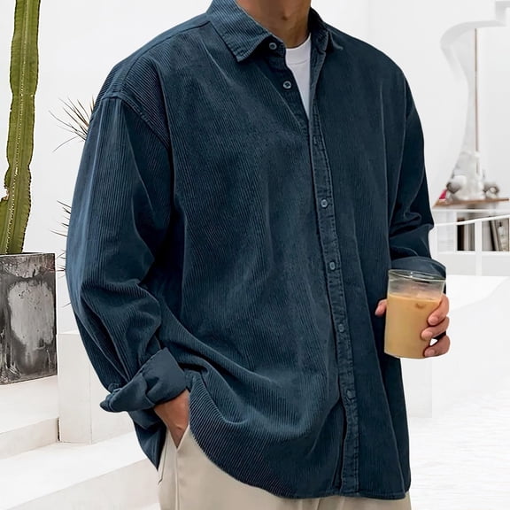Resicozy Corduroy Shirts for Men 2026 Fashion Long Sleeve Casual Solid Color Button Down Shirt Collar Spring Fall Navy XL