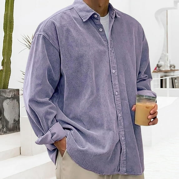 Resicozy Corduroy Shirts for Men 2026 Fashion Long Sleeve Casual Solid Color Button Down Shirt Collar Spring Fall Purple XL