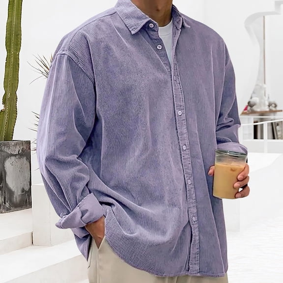 Resicozy Corduroy Shirts for Men 2026 Fashion Long Sleeve Casual Solid Color Button Down Shirt Collar Spring Fall Purple XL