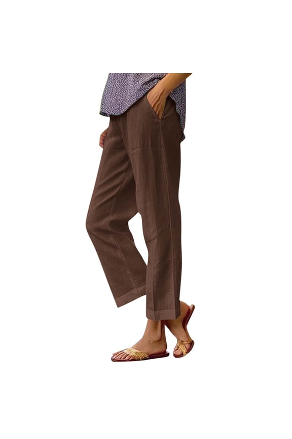 Cotton Linen Pants Women Summer Dressy Casual Straight Leg Capri Pant Elastic Waist Beach Trousers with Pockets Brown XL