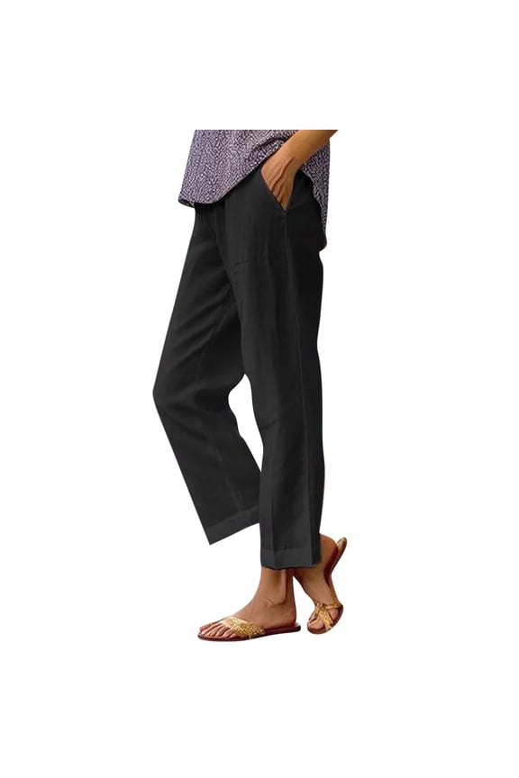 Cotton Linen Pants Women Summer Dressy Casual Straight Leg Capri Pants Elastic Waist Beach Trousers with Pockets Black L