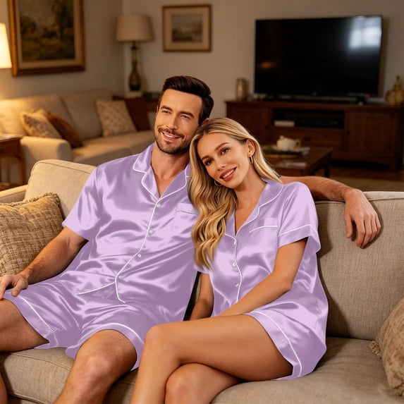 Resicozy Couple Matching Pajamas Sets Short Sleeve Button Up Pjs Sleepwear 2 Piece Lounge Sets Light Purple XL