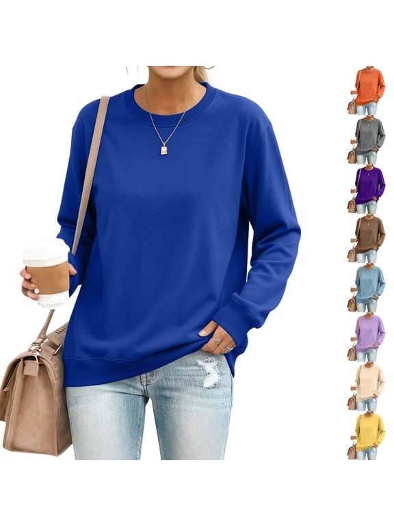 Crew Neck Sweatshirts Women Oversized Long Sleeve No Hood Pullover Sweater Fall Winter Plain Lightweight Sweatshirt Blue L