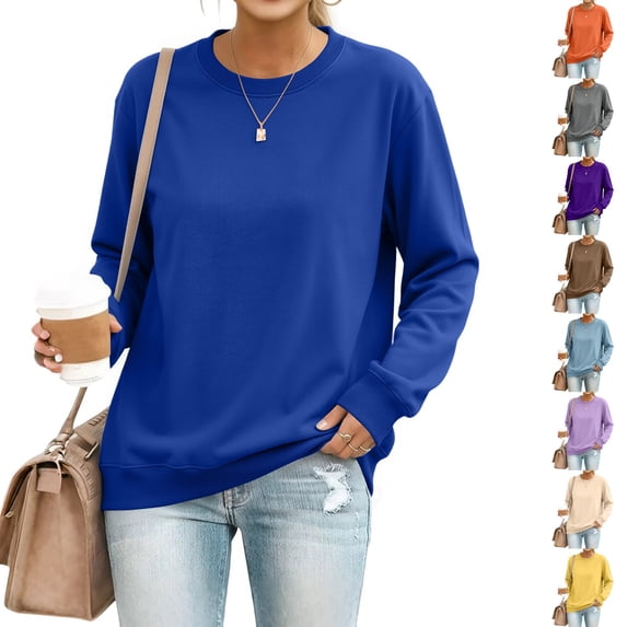 Resicozy Crew Neck Sweatshirts Women Oversized Long Sleeve No Hood Pullover Sweater Fall Winter Plain Lightweight Sweatshirt Blue XL